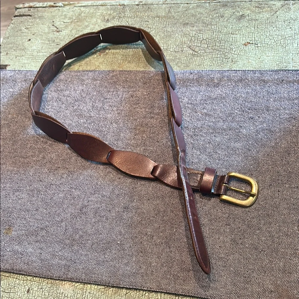 Vtg woven braided brown leather belt/boho/hippie leather link belt Brass Buckle